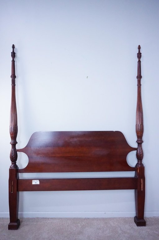 CRAFTIQUE MAHOGANY CARVED 4-POSTER BED FRAME: CRAFTIQUE MAHOGANY CARVED 4-POSTER BED FRAME - Made by Craftique Authentic Reproduction; Carved wheat design ; Condition - Some small scuffs, good overall condition ; Measures: 87.5"H x 61"W ; Estimat