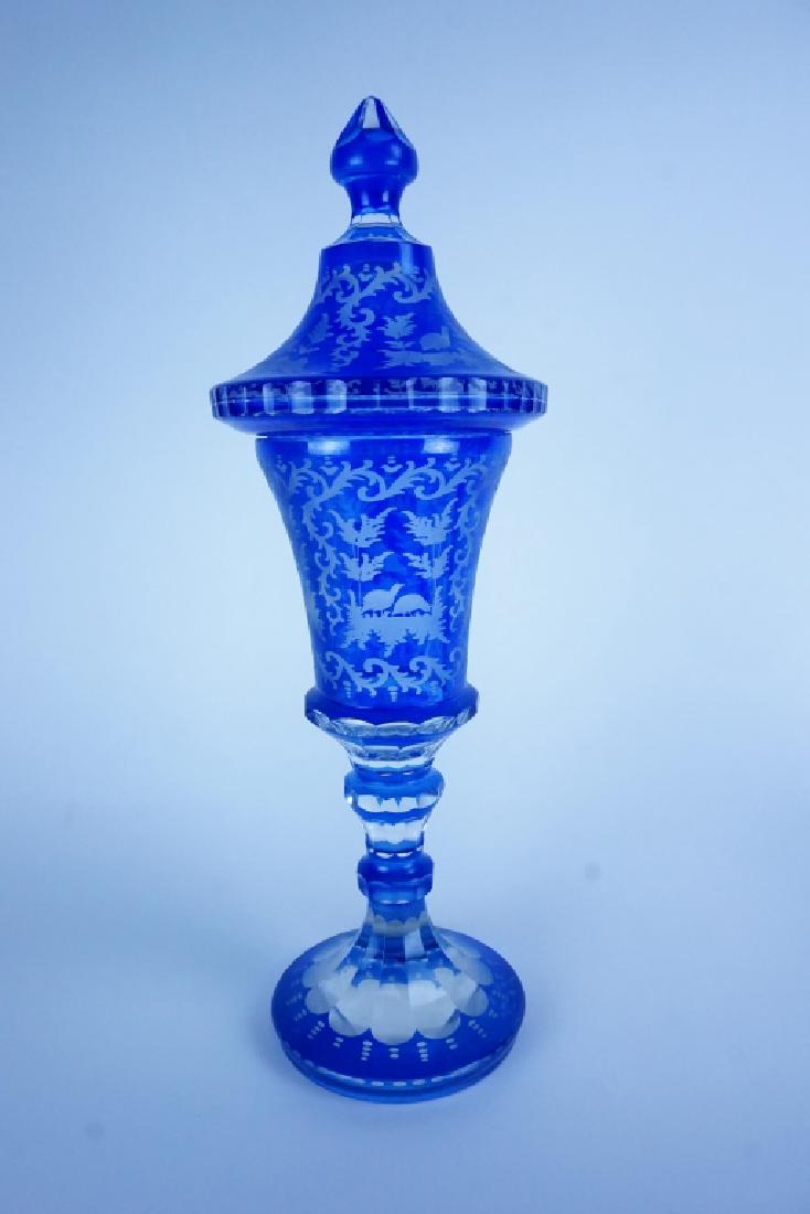 BLUE CUT TO CLEAR BOHEMIAN GLASS LIDDED URN (1 of 7)
