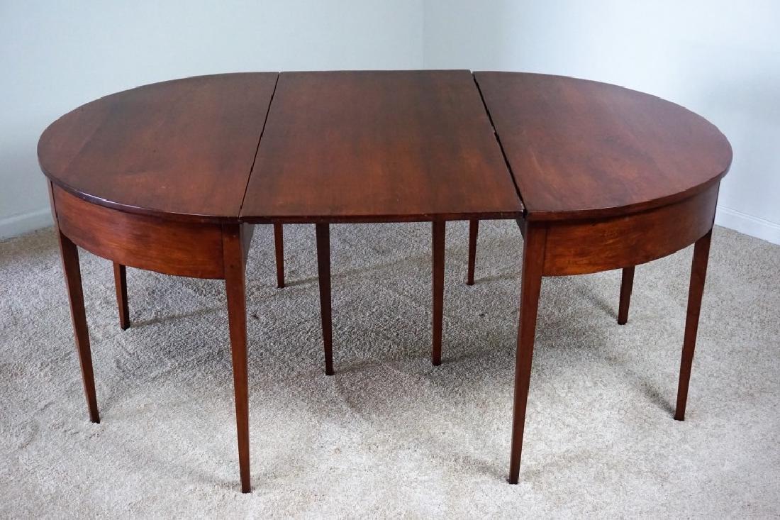 CHERRY HEPPLEWHITE 2pc BANQUET TABLE: CHERRY HEPPLEWHITE 2pc BANQUET TABLE - Half-round ends and plain tapered legs, One section is all original, circa 1790-1810; Connecticut origin purchased 6.27.68 from Scharf Antiques, Wexford PA; The
