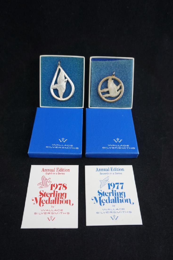 (2) WALLACE SILVERSMITHS STERLING MEDALLIONS: (2) WALLACE SILVERSMITHS STERLING MEDALLIONS – All sterling silver; Includes (1) 1977 seventh in the series; one dove flying; (1) 1978 eighth in the series; two doves flying ; Measures: Total weight