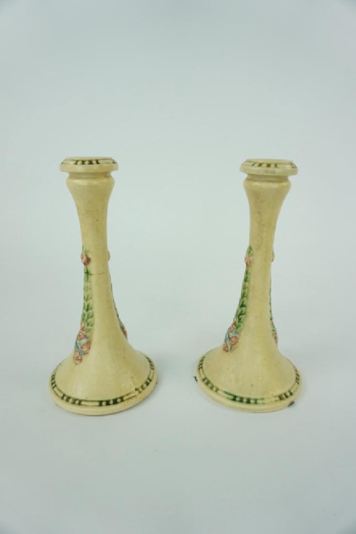 PAIR ANTIQUE ROSEVILLE CANDLE HOLDERS (1 of 5)