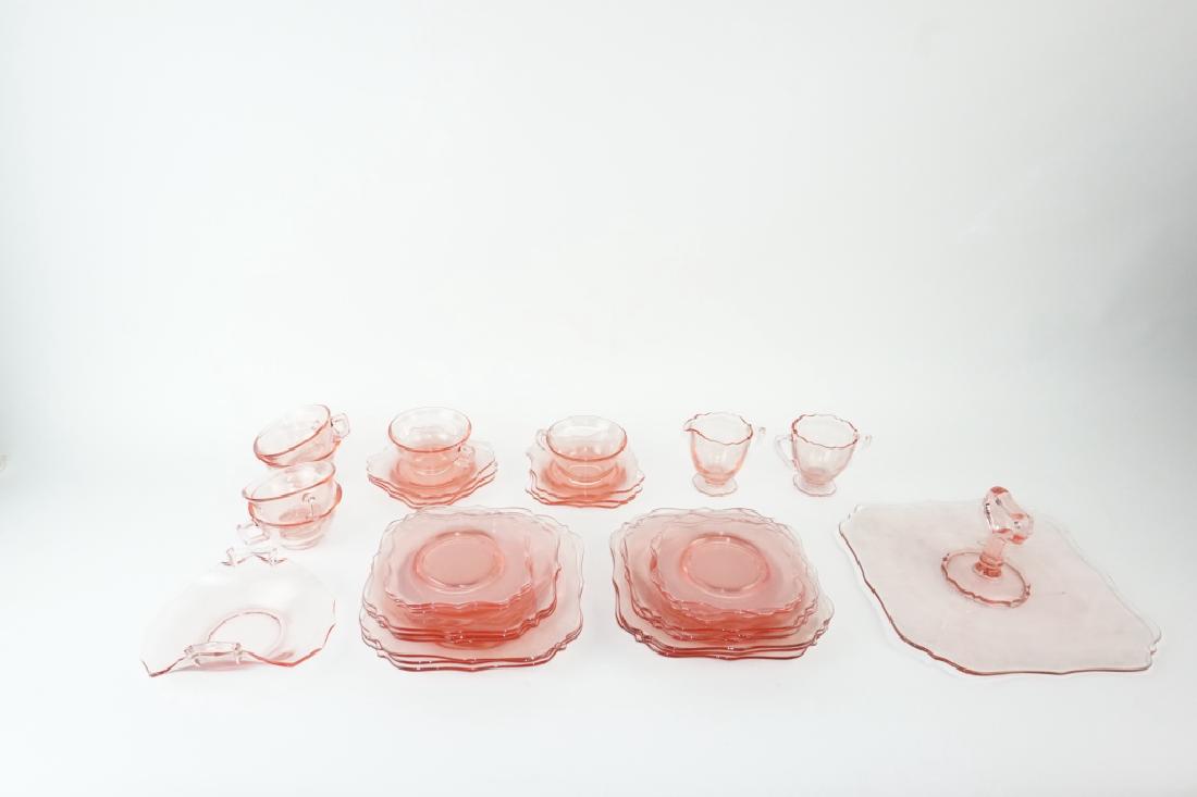 33pc ANTIQUE HC FRY GLASS DINNER 5pc SERVICE FOR 6: 3pc ANTIQUE HC FRY GLASS CO DINNER 5pc SERVICE FOR 6 Â– Rose depression glass with ruffled edges; Includes: 5pc service for 6; Sandwich tray with handle, bread basket, cream & sugar, (6) Square lun