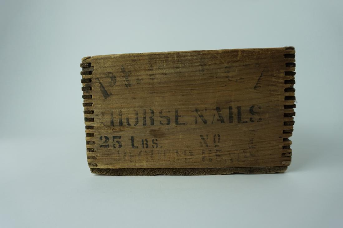 PRIMITIVE PREFECT HORSE NAIL CRATE: PRIMITIVE PREFECT HORSE NAIL CRATE – 25lbs regular head nails; hand-made; hand cut finger joints on all 4 corners; great advertisement piece ; Condition - Large split in wood bottom but very sturdy 