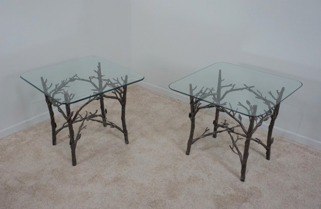 PAIR TREE BRANCH FORM METAL GLASS TOP END TABLES (1 of 5)