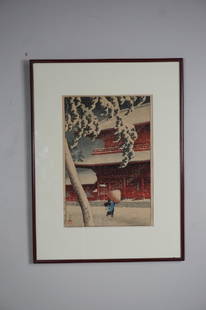 KAWASE HASUI (JAPANESE, 1883-1957): KAWASE HASUI (JAPANESE, 1883-1957) Circa 1925; Colored Woodblock; "Snow at Zojoji Temple, in Shiba"; Print published by Watanabe, later edition, from the series "Twenty Views of Tokyo"; signed lower l