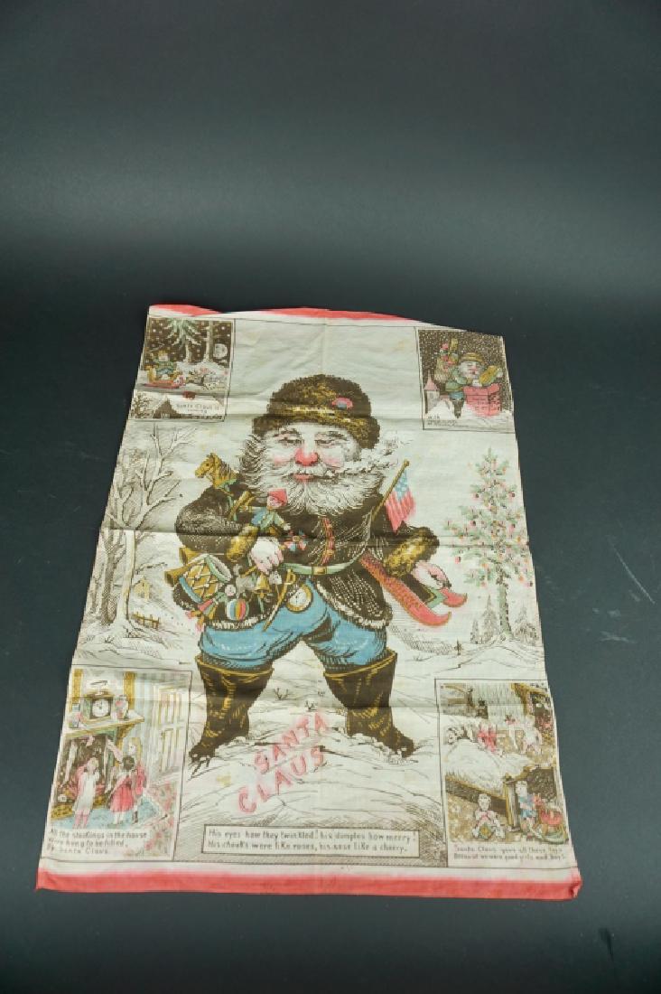 ANTIQUE SANTA CLAUS BANNER BY ORIENTAL PRINT WORKS: ANTIQUE SANTA CLAUS BANNER BY ORIENTAL PRINT WORKS Circa 1890's; Santa Claus banner by Oriental Print works featuring a Thomas Nast style Santa holding toys, sled and American flag, bordered by (4) vi