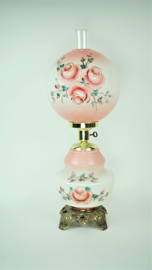 VINTAGE GONE WITH THE WIND LAMP: VINTAGE ELECTRIC GONE WITH THE WIND LAMP Has hand painted floral upper and lower shade and cast metal base ; Condition - Untested, tarnish to metal, fleabites to rim of upper shade ; Measures: 31"H x