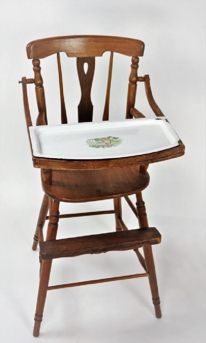 ANTIQUE WOOD HIGH CHAIR WITH ENAMEL TRAY