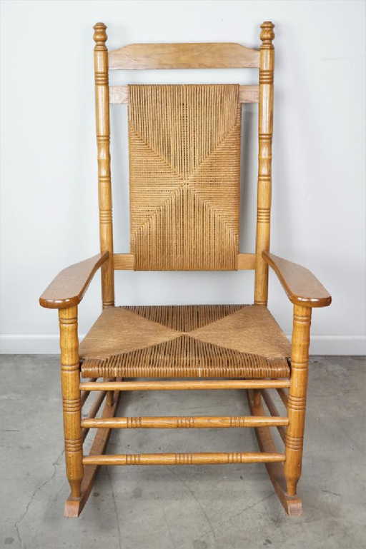 VINTAGE OAK RUSH SEAT ROCKING CHAIR