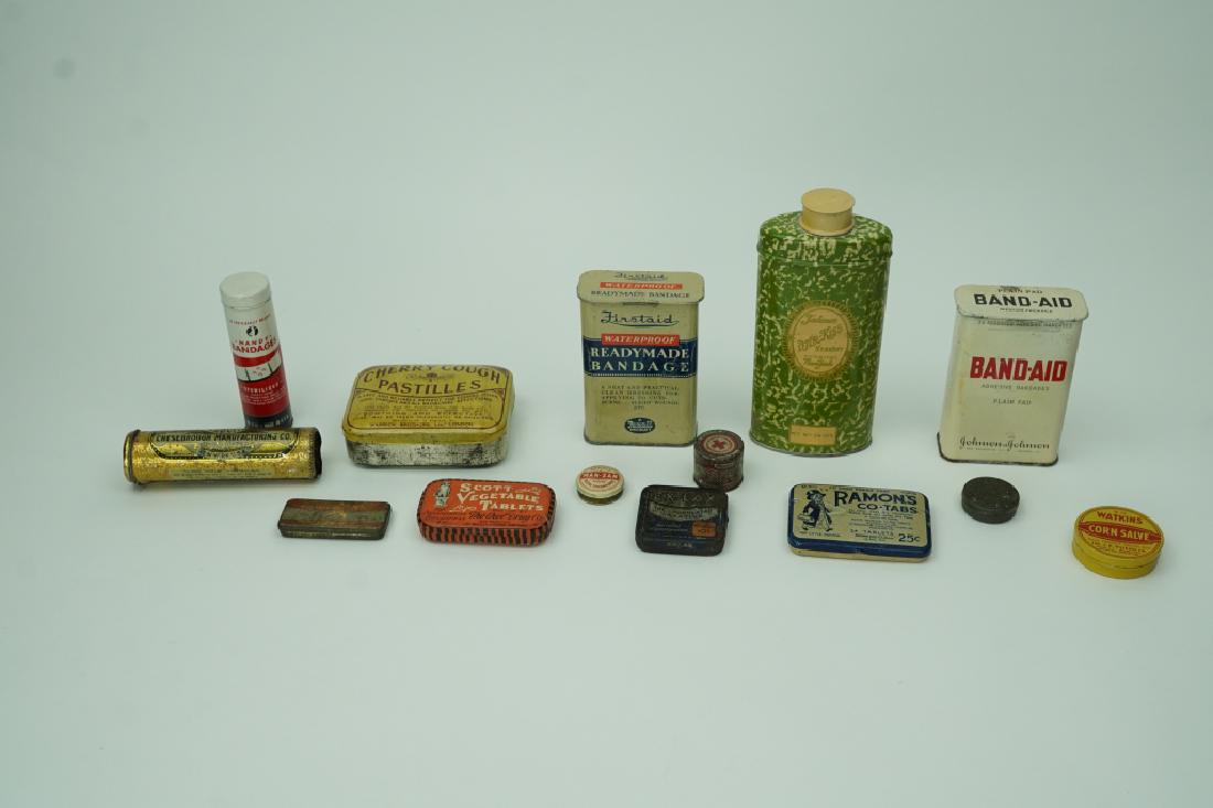 (14) ASSORTED ADVERTISING TIN: (14) ASSORTED ADVERTISING TINS Including vintage bondage tins, Scott vegetable tablet tin, victrola needle tin, and sayman's salve sample tin. ; Condition - Rust and scratches to finish.