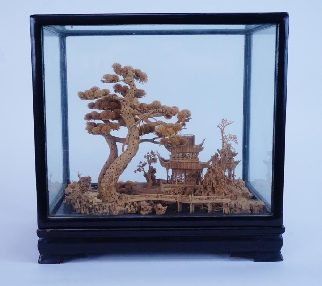 ASIAN ORIENTAL FUZHOU CORK DIORAMA: ASIAN ORIENTAL FUZHOU CORK DIORAMA - Depicts Bonsai trees and an Asian pagoda, set in a black lacquer shadow box; ; Condition - Fair condition, some damage ; Measures: 10.75"H x 11"L x 7.5"W