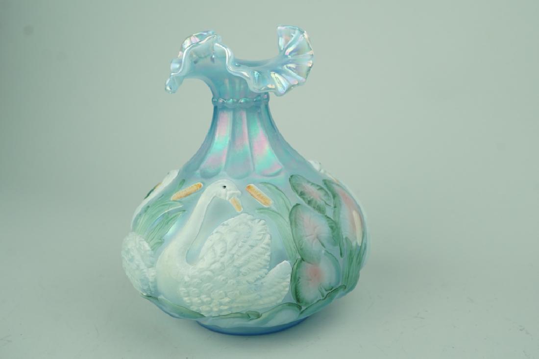 BLUE SATIN GLASS IRIDESCENT SWAN VASE Fenton Blue Hanging Hearts Bottle