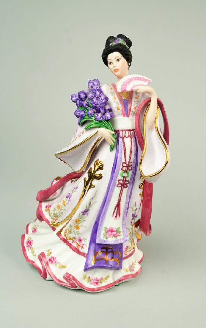 LENA LIU "IRIS PRINCESS" FIGURINE: LENA LIU "IRIS PRINCESS" FIGURINE From "The Danbury Mint" collection "The Iris Princess" by Lena Liu. Purple, pink, and white with floral design dress with 22k gold accents. ; Condition - Great condit