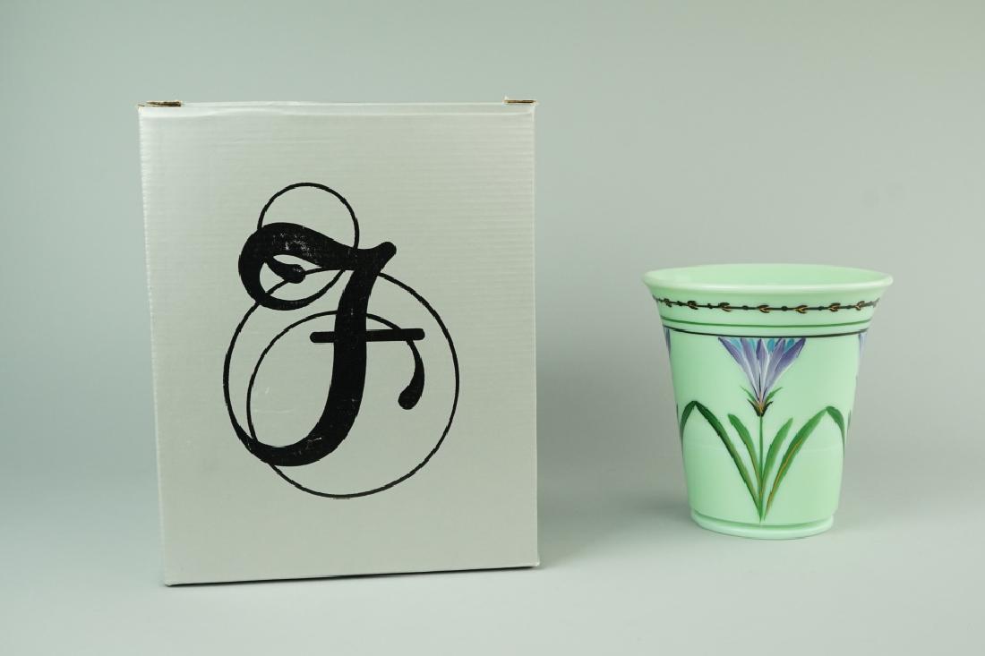 MINT GREEN FENTON VASE: MINT GREEN FENTON VASE Fenton case with hand painted lotus flowers. Signed "#641/1000 hand painted by Sue Jackson". Comes with original box. ; Condition - In great condition. ; Measures: ~6.25 H x 6"