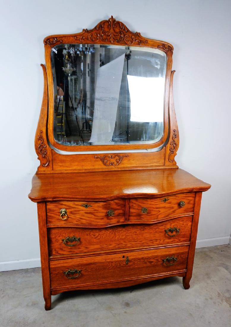 ANTIQUE OAK SERPENTINE DRESSER WITH MIRROR