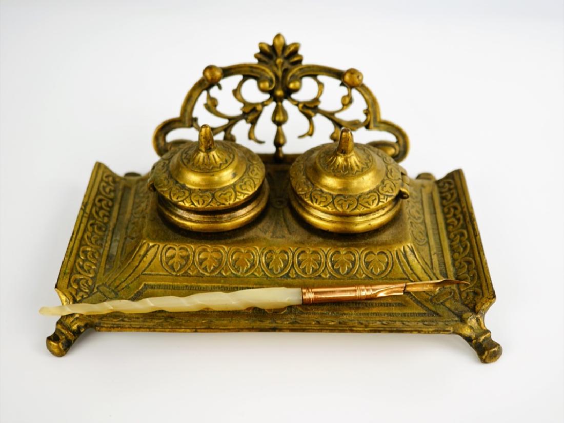 ANTIQUE BRASS INKWELL WITH PEN (1 of 6)