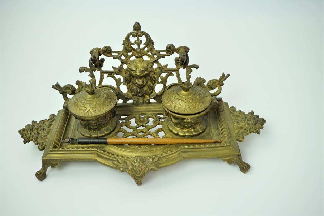 ANTIQUE BRASS INKWELL WITH PEN (1 of 4)