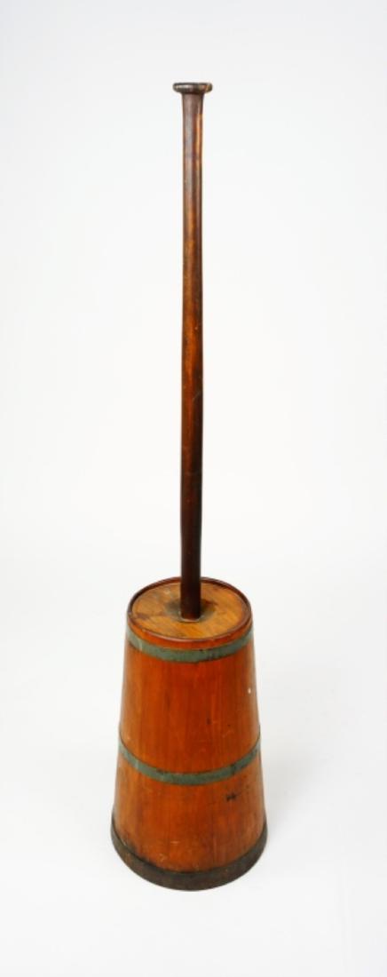 ANTIQUE WOODEN BUTTER CHURN: ANTIQUE WOODEN BUTTER CHURN Banded barrel complete with handle and lid ; Condition - Non-functional, permanently put together, decorative use only ; Measures: 51"H x 12"diam