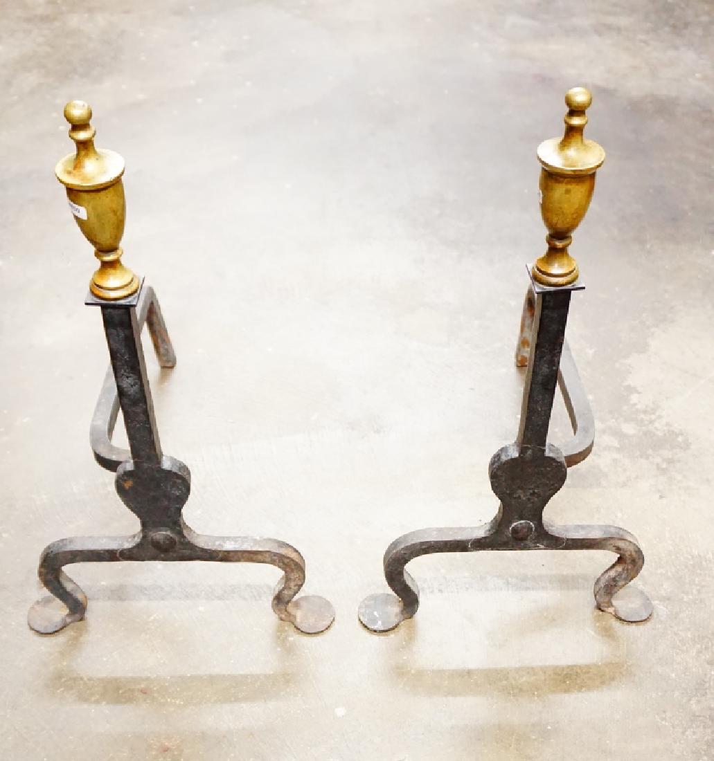 PAIR OF WROUGHT IRON & BRASS ANDIRONS (1 of 7)