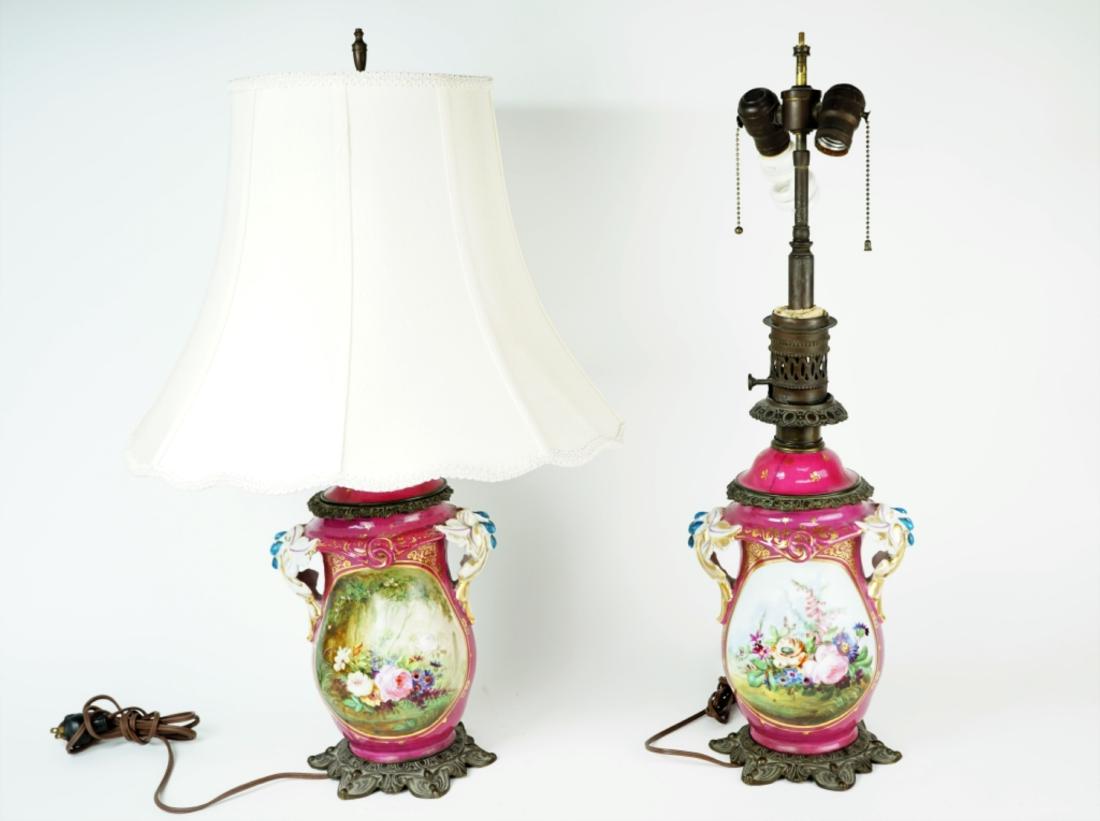 PAIR ANTIQUE PORCELAIN FLORAL DECORATED LAMPS (1 of 6)