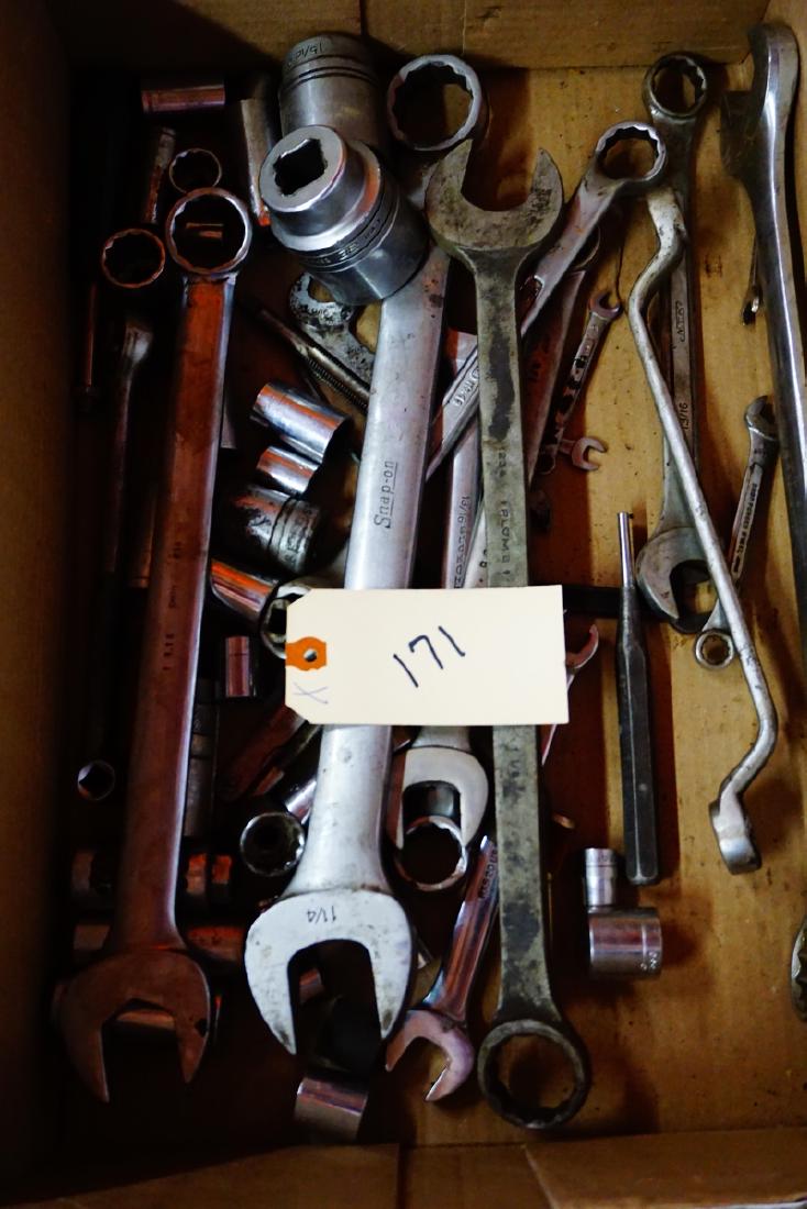 BOX LOT OF ASSORTED WRENCHES & SOCKETS: BOX LOT OF ASSORTED WRENCHES & SOCKETS - Includes Snap On, Sentry, Plomb, Craftsman and others