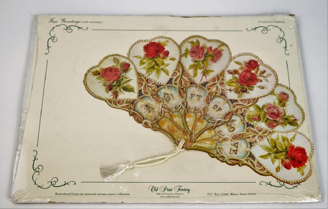 REPRO VICTORIAN STYLE PAPER FAN GREETING CARD: REPRO VICTORIAN STYLE PAPER FAN GREETING CARD Paper fan greeting card with floral print and says "A Gift of Love". Made by "The old print Factory". Comes in original packaging with envelope. ; Conditi