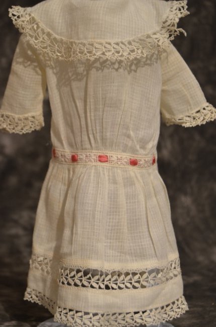 PRECIOUS ~ 10" ~ PETITE DRESS FOR CABINET SIZED JUMEAU: PRECIOUS ANTIQUE DOLL DRESS FOR YOUR JUMEAU OR BRU. MADE FROM A LIGHT WEIGHT ANTIQUE LINEN WITH ELABORATE LACE TRIM. WIDE BRIMMED COLLAR ADDS A TOUCH OF CLASS. MEASUREMENTS ARE PICTURED.IT WOULD MAKE 