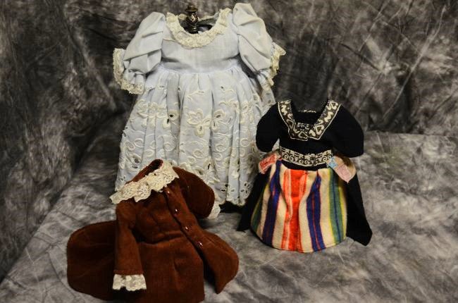 LOT OF 3 ANTIQUE/VINTAGE DOLL DRESSES: LOT INCLUDES 3 CHARMING DRESSES SUITABLE FOR ANTIQUE FRENCH OR GERMAN DOLLS. ALL MEASUREMENTS ARE PICTURED. SMALLER BLACK DRESS IS POSSIBLY FOR AN ARMAND MARSEILLE DOLL, HAS THE BLACK FOREST/GERMAN LO