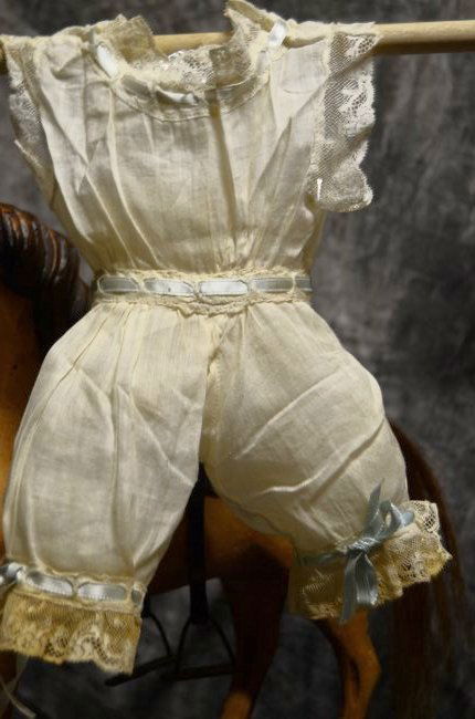 ANTIQUE VINTAGE BISQUE GERMAN FRENCH DOLL CLOTHING 2/20: ADORABLE ANTIQUE/VINTAGE ONSIE FOR ANTIQUE BISQUE DOLLS LIGHT WEIGHT COTTON WITH LACE AND BLUE RIBBON ACCENTS SOME LIGHT STAINS BUT CLEAN CONDITION