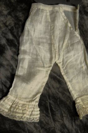 ANTIQUE HUGE BISQUE DOLL UNDER PANTS: DARLING ANTIQUE LIGHT WEIGHT COTTON DOLL PANTS WAIST BAND SIDE BUTTON CLOSURE BOTTOM OF LEGS HAS PINTUCKING AND LACE