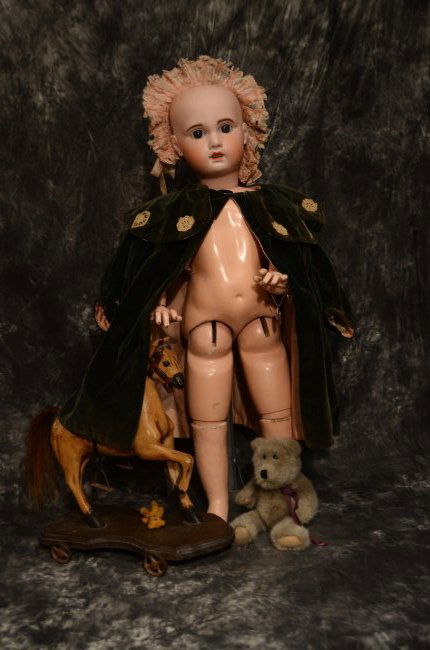 LG 1860s SILKY VELOUR PERIOD COAT & BONNET BRU JUMEAU: Antique STUNNING COAT BEING DISPLAYED ON A 33" JUMEAU BEBE COAT WOULD BE VERY IDEAL FOR A 28 TO 36" BISQUE BEBETHEIRS VERY EVIDENT AGED IMPERFECTIONS..