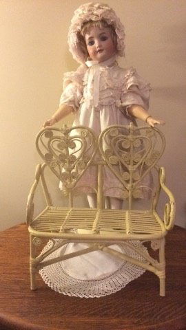 Small Woven Wicker Love Seat: Cute vintage woven wicker love seat suitable for bears or dolls, cream in color, great condition with only minor imperfections, measures 14 1/2" wide, 15" high and 7" deep, **auction is for love seat