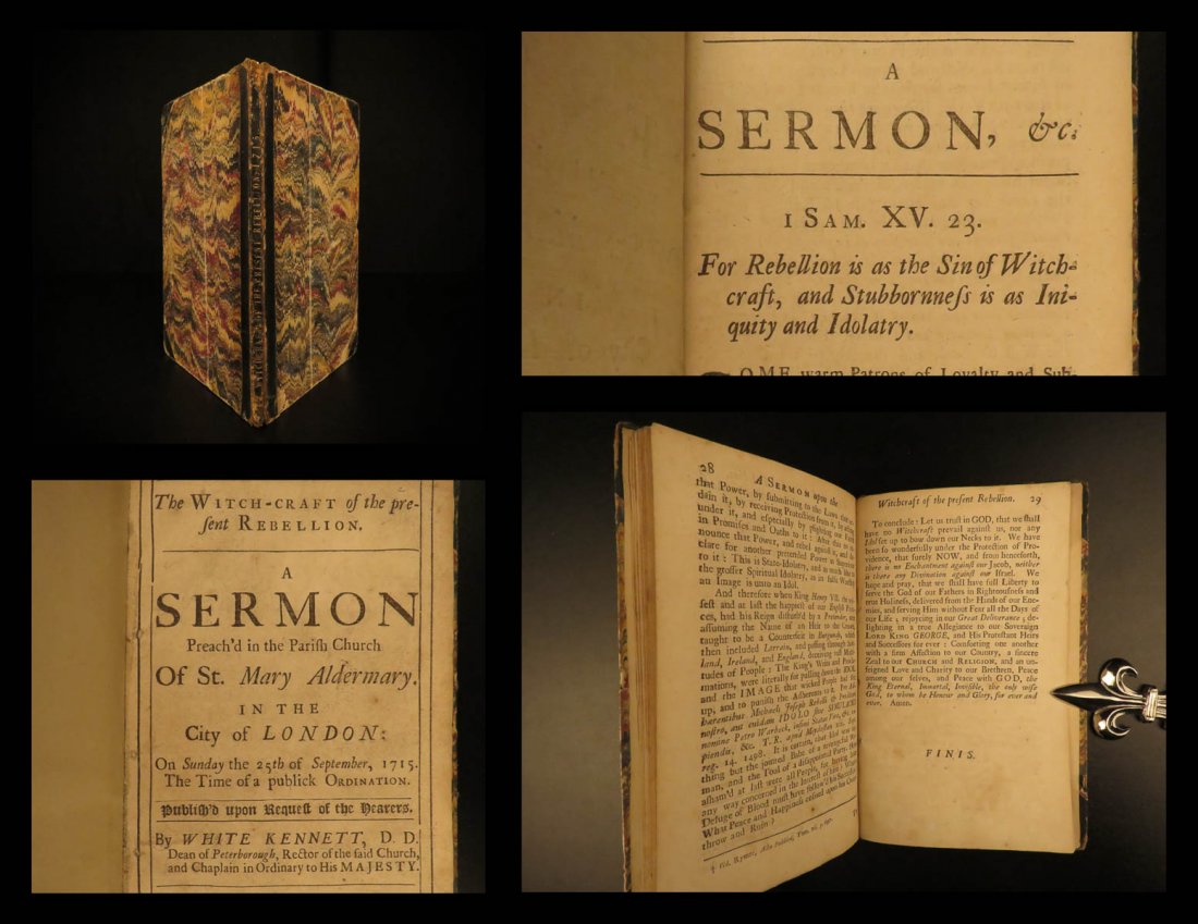 1715 1ed Witchcraft of Jacobite Rebellion Kennett: 1715 1ed Witchcraft of Jacobite Rebellion Kennett Sermon Stuart England Scotland White Kennett was a 17th-century English bishop and preacher who, at the height of the 1715 Jacobite Rising, preached n
