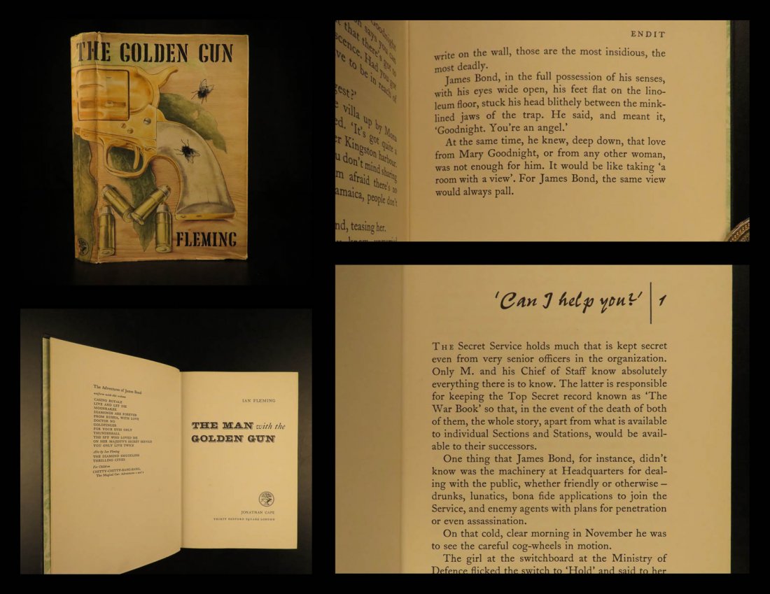 1965 1st ed JAMES BOND Man with the Golden Gun Fleming: 1965 1st ed JAMES BOND Man with the Golden Gun Ian Fleming Pistol NOVEL 007 + DJ The James Bond series focuses on a fictional character created in 1953 by writer Ian Fleming (1908 – 1964), who featu