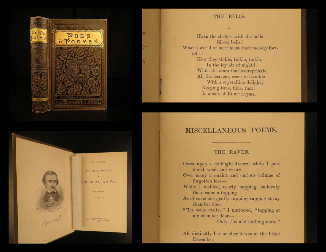 1886 Edgar Allan Poe Poetical Works Raven Bells OCCULT: 1886 Edgar Allan Poe Poetical Works Raven Bells OCCULT Horror Poetry Memoir “Hear the sledges with the bells, Silver bells, what a world of merriment their melody foretells!” – Poe, ‘The Bells