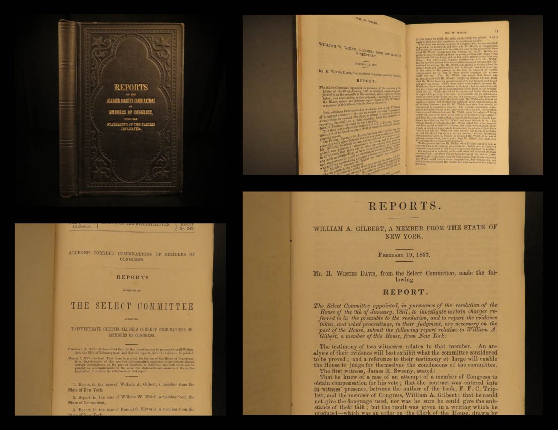 1857 1st ed Congress Alleged Corruption Reports: 1857 1st ed Congress Alleged Corruption Reports Testimony Defense United States ‘Alleged corrupt combinations of members of Congress’ is a report of the committee appointed to investigate alleged 