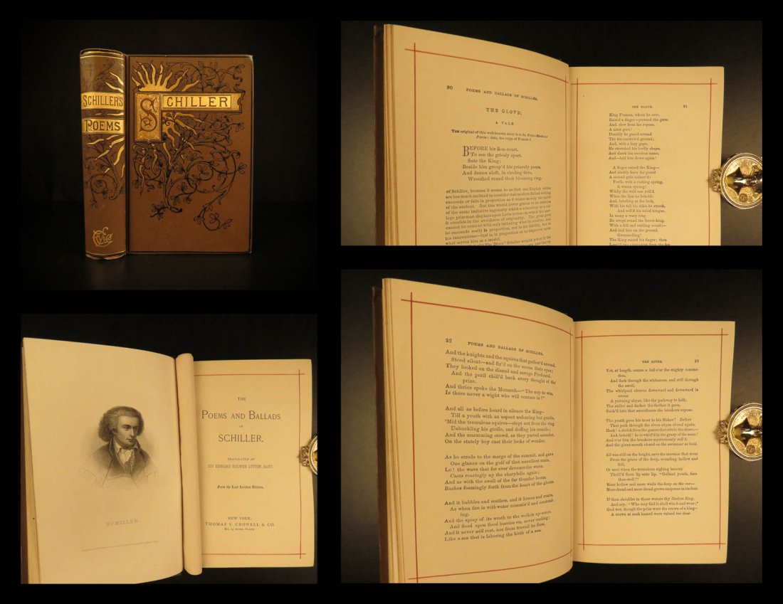 1884 Friedrich Schiller Poems and Ballads German Poetry: 1884 Friedrich Schiller Poems and Ballads German Poetry English Lytton RARE “The voice of the majority is no proof of justice.” – Schiller, Maria Stuart Friedrich Schiller was a prominent 18th-c