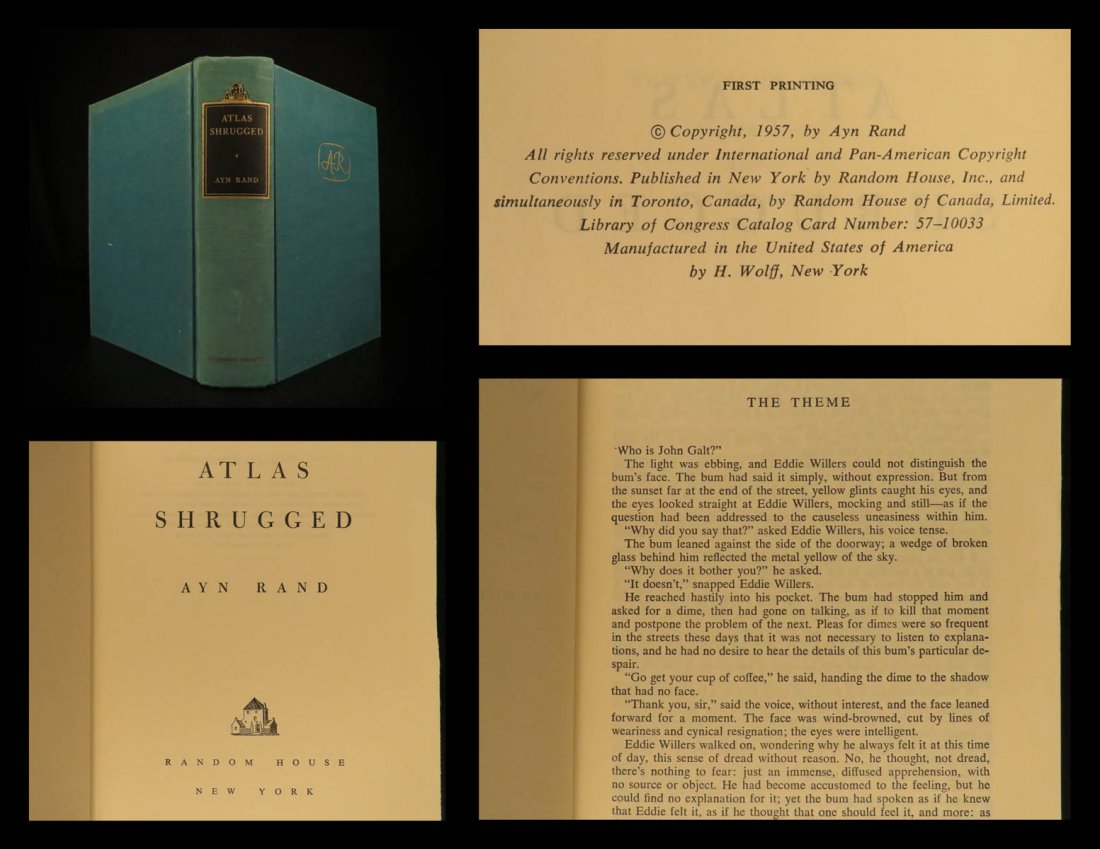 1957 TRUE 1st printing Atlas Shrugged Ayn Rand: 1957 TRUE 1st printing Atlas Shrugged Ayn Rand Objectivism Dystopian Philosophy “If you don't know, the thing to do is not to get scared, but to learn.” ― Ayn Rand, Atlas Shrugged A rare fir