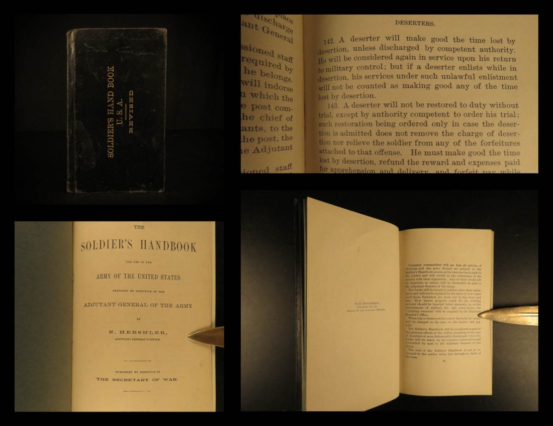 1902 Soldier Handbook Air Defense Artillery Hershler: 1902 Soldier Handbook Air Defense Artillery Hershler US Army Military Equipment ‘The Soldier’s Handbook’ was compiled by Nathaniel Hershler under the guidance of the adjutant General of the Army