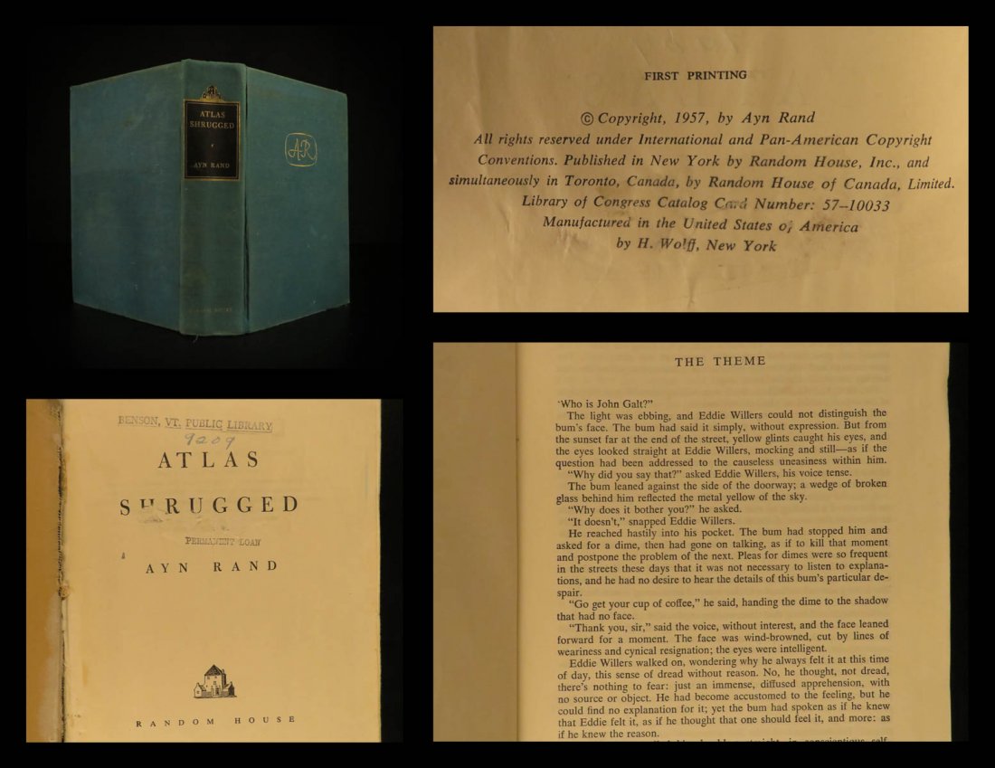 1957 TRUE 1st printing Atlas Shrugged Ayn Rand: 1957 TRUE 1st printing Atlas Shrugged Ayn Rand Objectivism Dystopian Philosophy “If you don't know, the thing to do is not to get scared, but to learn.” ― Ayn Rand, Atlas Shrugged A rare fir
