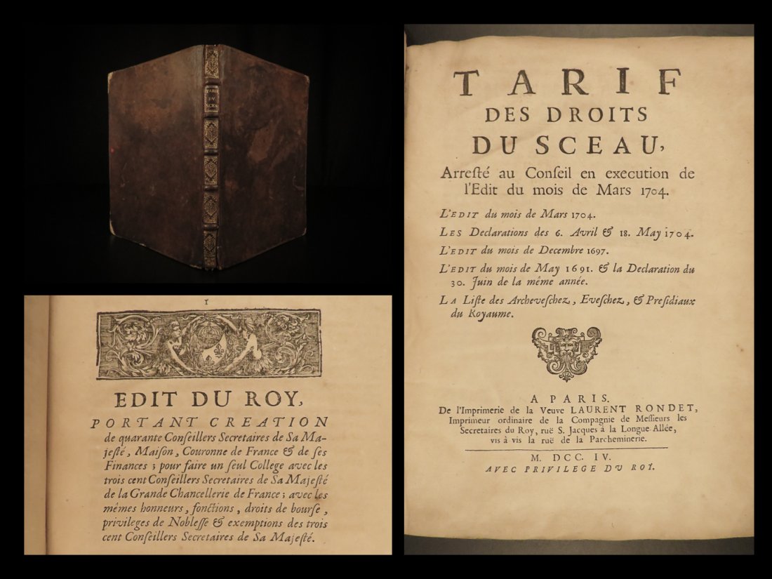 1704 Louis XIV 1ed France Conseil dEtat Tariffs Political Edicts Declarations: 1704 Louis XIV 1ed France Conseil dEtat Tariffs Political Edicts Declarations A rare early 18th-century treatise from the French Conseil dEtat or Council of State. Published in 1704, this work was wri