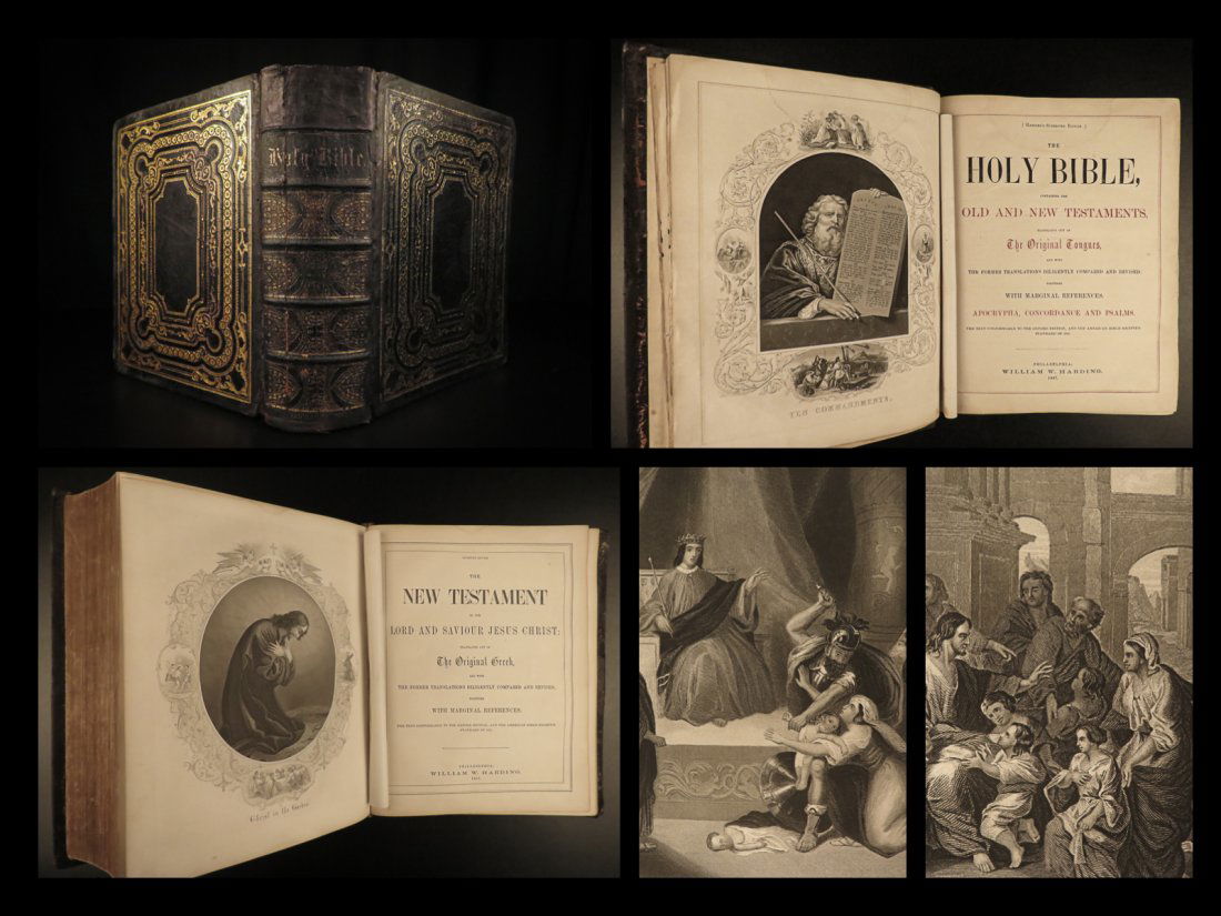 1867 RARE Holy BIBLE Old & New Testaments HUGE Binding Clasps Harding (1 of 10)