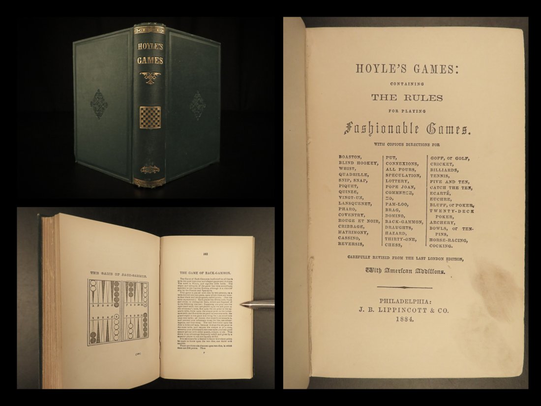 1884 GAMES American Hoyle Poker Cards Billiards Chess Archery Tennis Handbook: 1884 GAMES American Hoyle Poker Cards Billiards Chess Archery Tennis Handbook A rare, late 19th-century printing of Edmond Hoyles treatise on popular games. This important book is filled with game str