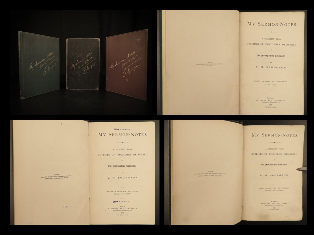 1884 1ed Charles Spurgeon Puritan Baptist Preaching BIBLE Sermon Notes 3v: 1884 1ed Charles Spurgeon Puritan Baptist Preaching BIBLE Sermon Notes 3v A rare, mid-19th-century collection of sermon notes of Charles H Spurgeon. Spurgeon was known for his sermons and devotionals 