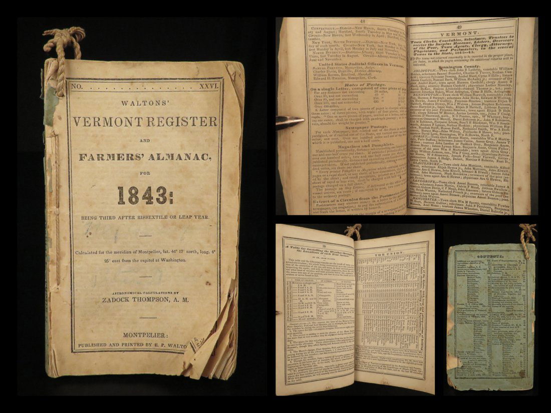1843 Vermont Register & Farmers Almanac Weather Patterns Farming