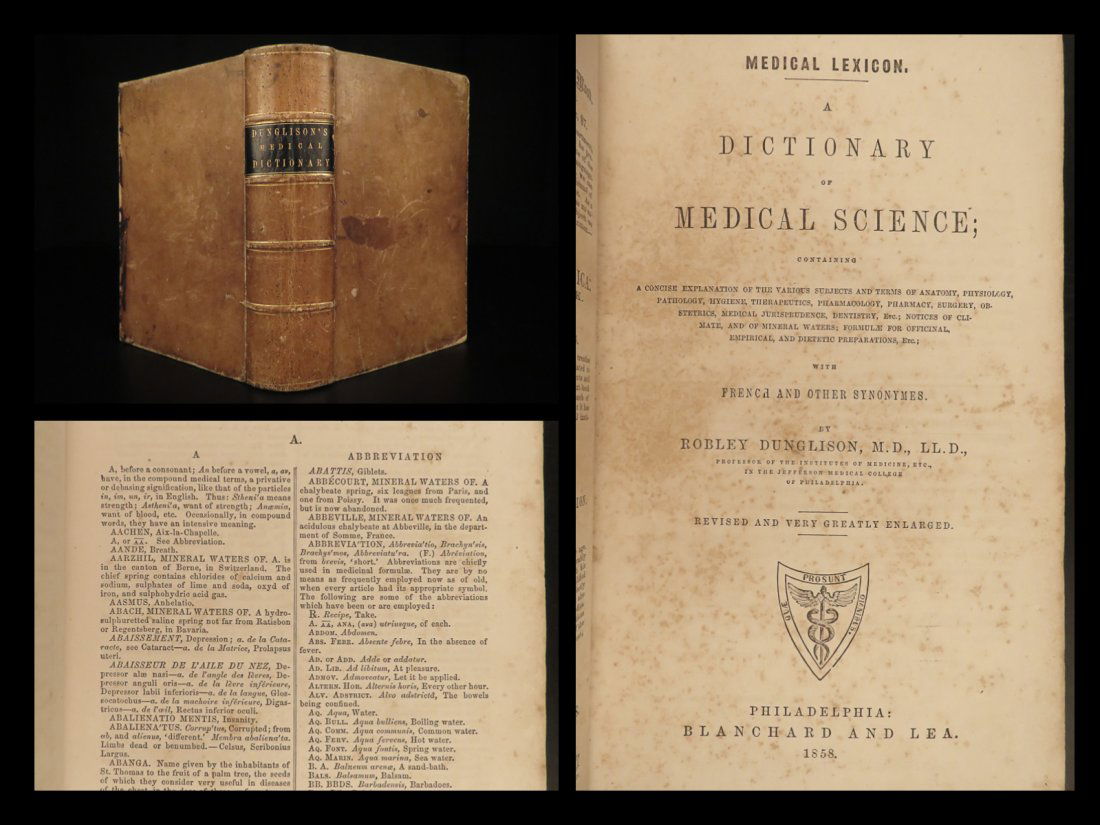1858 Medicine Surgery Pharmacy Thomas Jefferson Physician Dunglison Dictionary: 1858 Medicine Surgery Pharmacy Thomas Jefferson Physician Dunglison Dictionary Robley Dunglison was a 19th-century English physician known for being the personal doctor to Thomas Jefferson. Dunglison