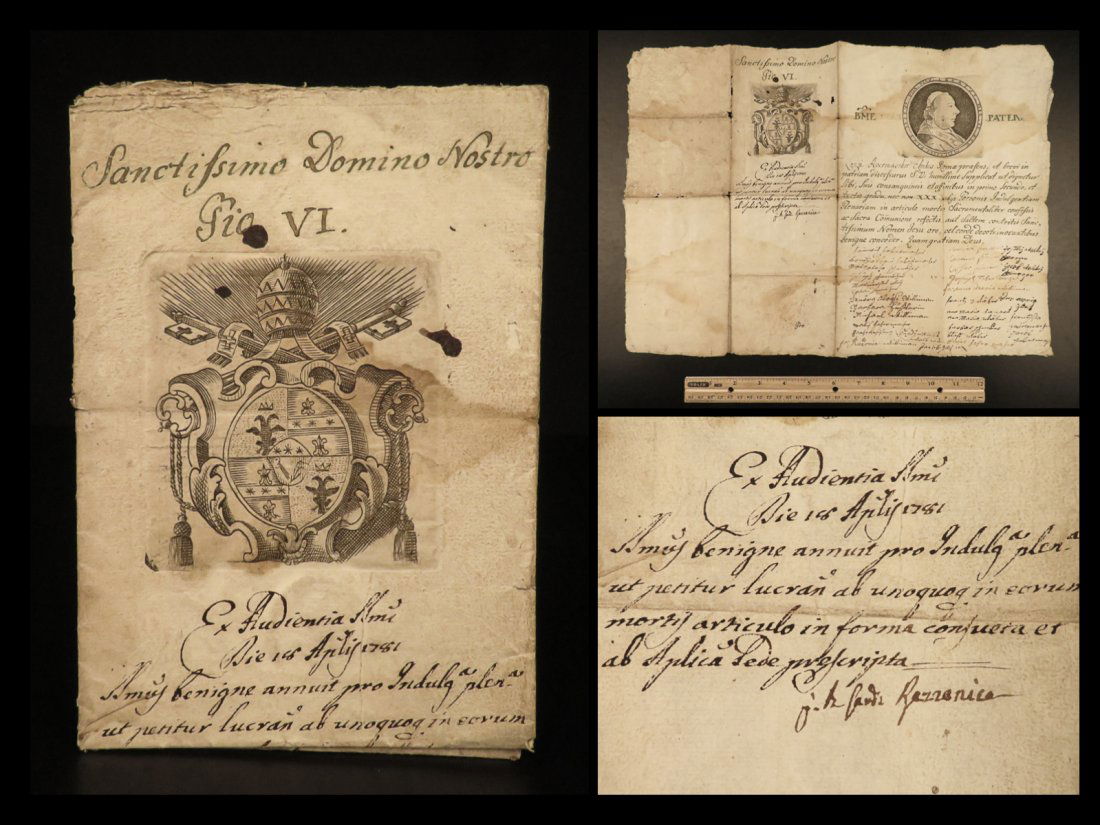 1781 Catholic Indulgence Pope Pius VI Cardinal Bishop Carlo Rezzonico Italy Gold: 1781 Catholic Indulgence Pope Pius VI Cardinal Bishop Carlo Rezzonico Italy Gold A fascinating piece of Catholic Church history, this handwritten indulgence was made out to the family of Lonzi Apermas
