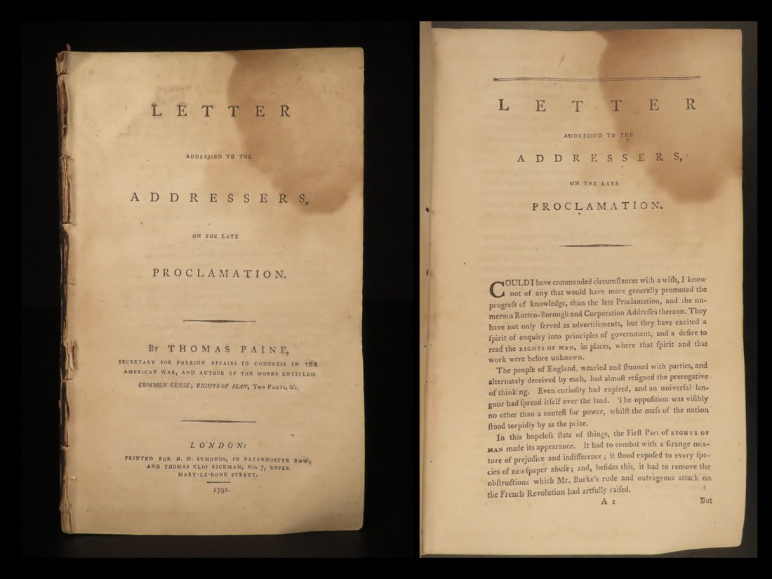 1792 Thomas Paine Letter on Proclamation Rights of Man French Revolution RARE (1 of 10)