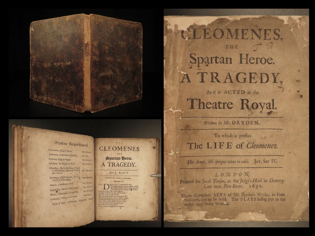 1692 John Dryden 1ed Cleomenes Spartan Hero Tragedy Ancient Greece Glorious Rev: 1692 John Dryden 1ed Cleomenes Spartan Hero Tragedy Ancient Greece Glorious Rev Cleomenes, Spartan Hero is a rare 17th-century tragedy by John Dryden based on Plutarchs famed biography of Cleomenes II