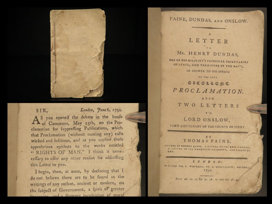 1792 1ed Thomas Paine Letters to Dundas & Onslow Americana Rights of Man: 1792 1ed Thomas Paine Letters to Dundas & Onslow Americana Rights of Man â€œWhatever is my right as a man is also the right of another.” Â¬â€“ Thomas Paine, Rights of Man Thomas Paine